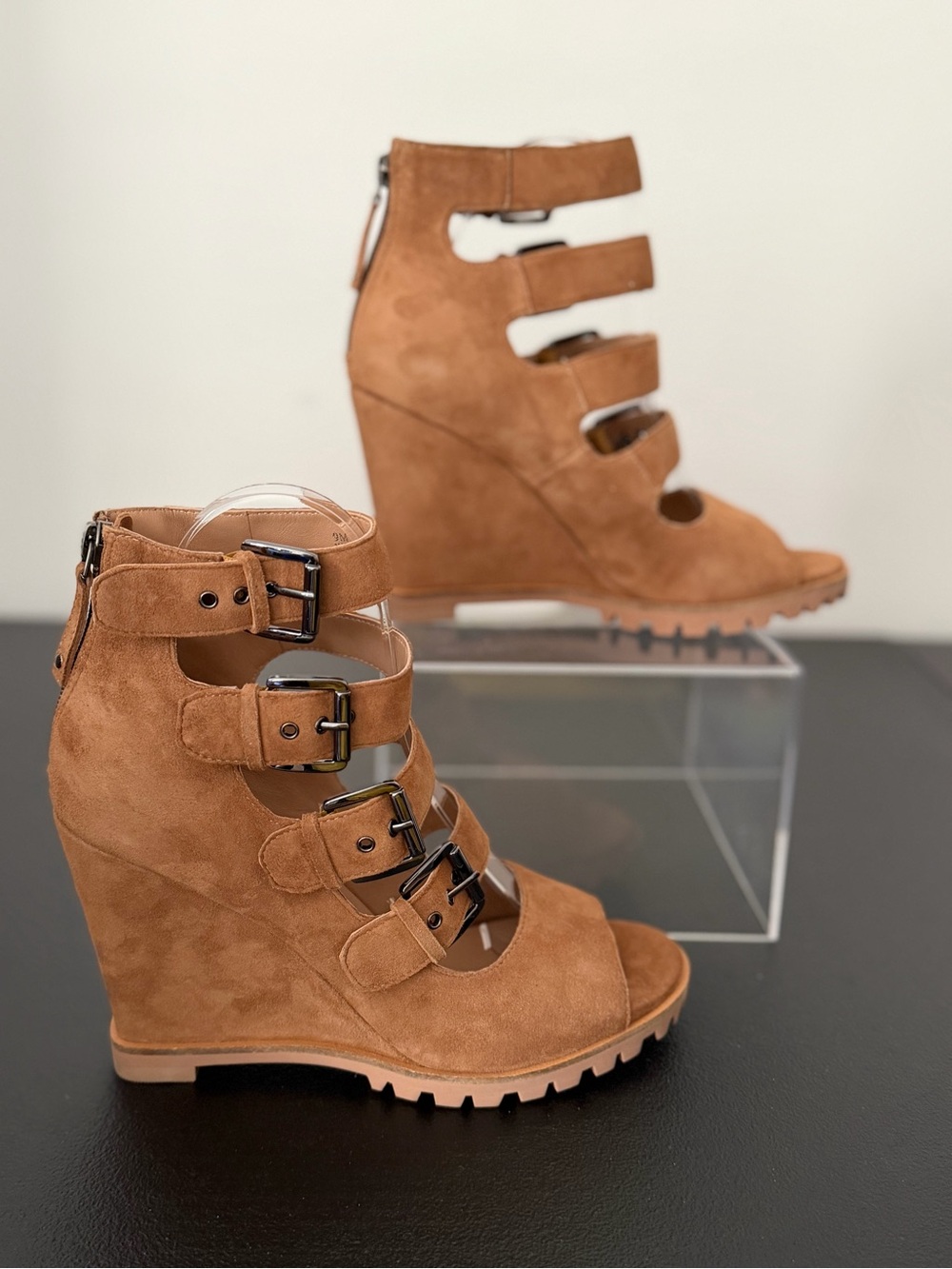 Paolo Suede Strappy Wedge Sandals in Cognac